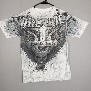 Affliction Archaic Size S Skull & Wings Graphic Tee Shirt White Y2K Alternative